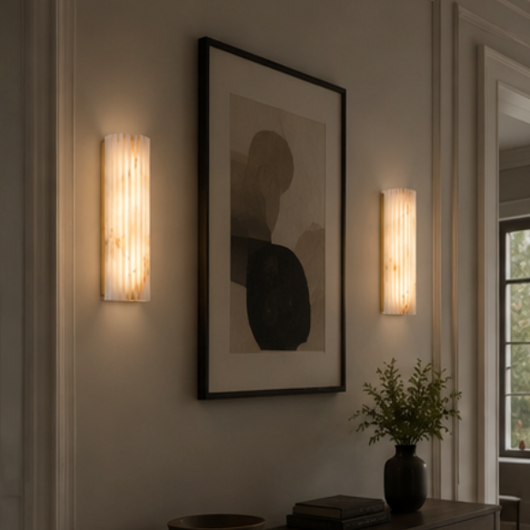 Two Puro alabaster wall sconces glowing warm on a beige wall, flanking a framed print above a console table