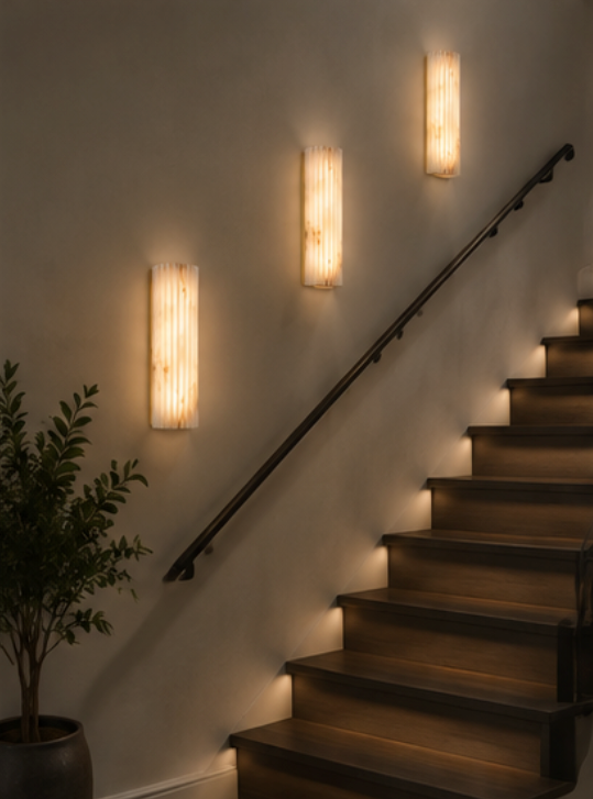 Puro alabaster wall sconce lit warm white on an interior wall