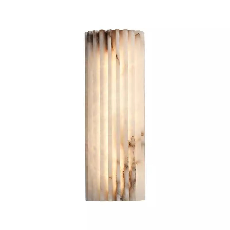 Puro alabaster wall sconce, compact cylindrical fitting carved from natural stone, full product view