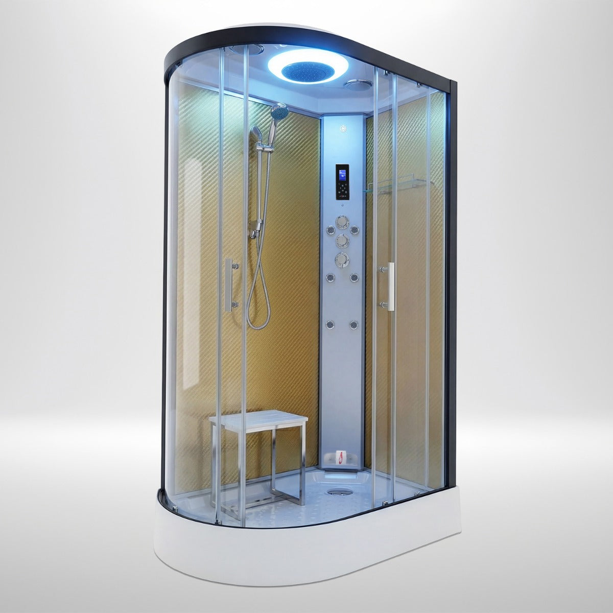 Premium steam shower 1100x700mm black frame with gold carbon back wall