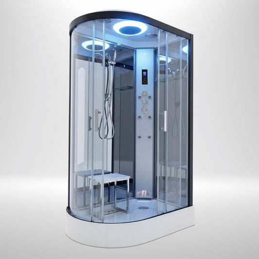 Premium steam shower 1100x700mm black frame right hand with mirror back wall