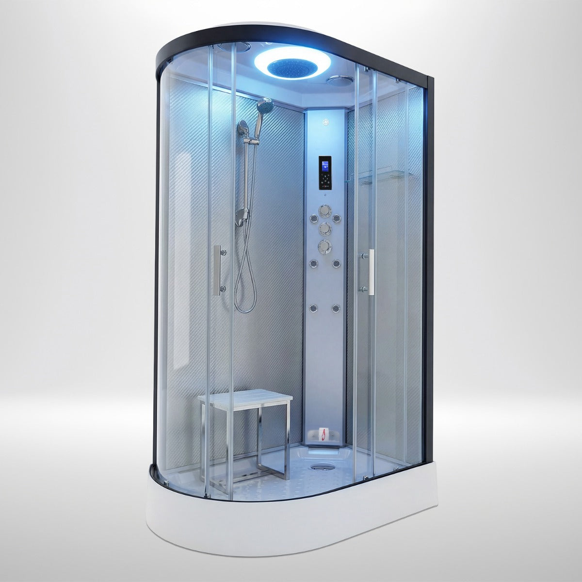 Premium steam shower 1100x700mm black frame with silver carbon back wall