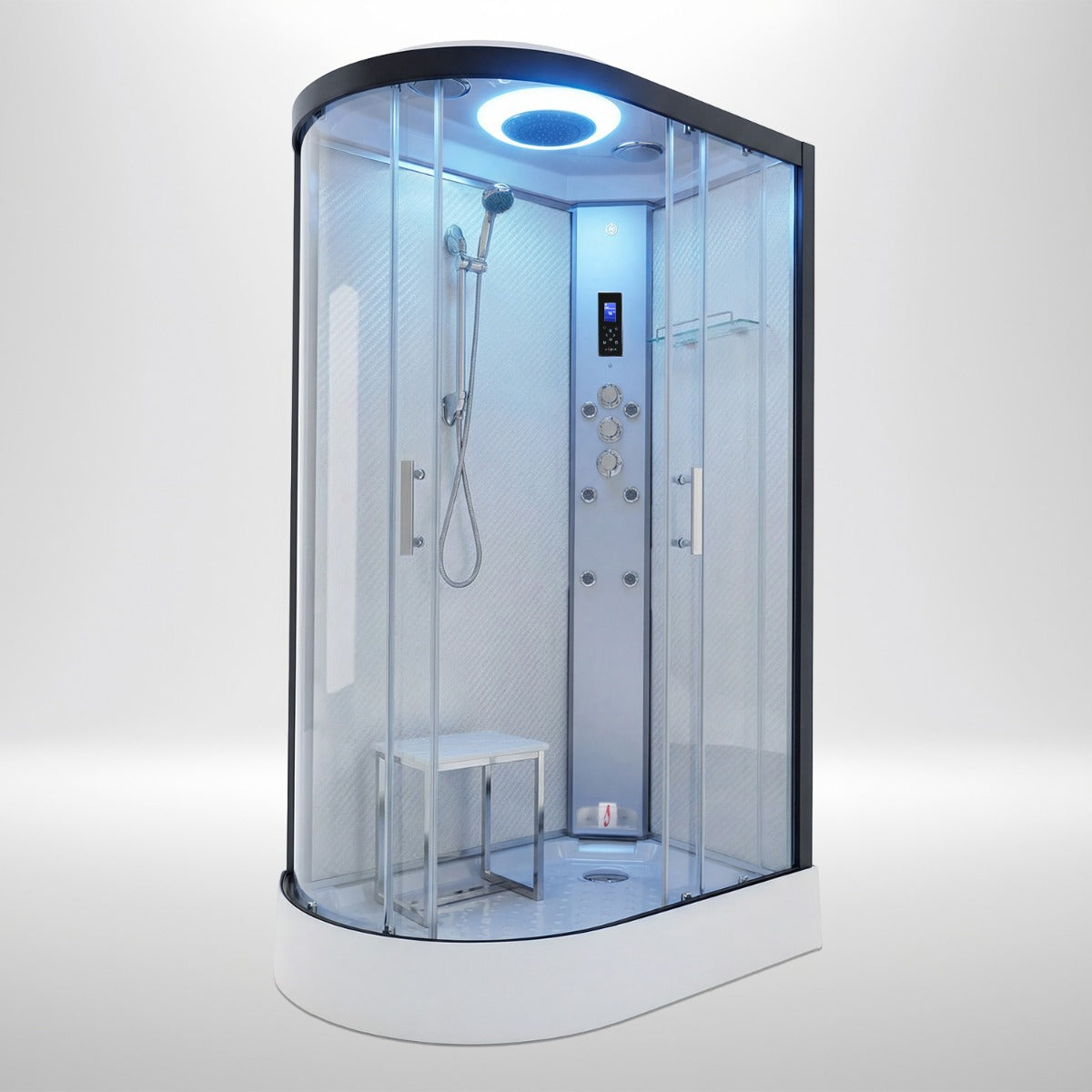 Premium steam shower 1100x700mm black frame with white carbon back wall