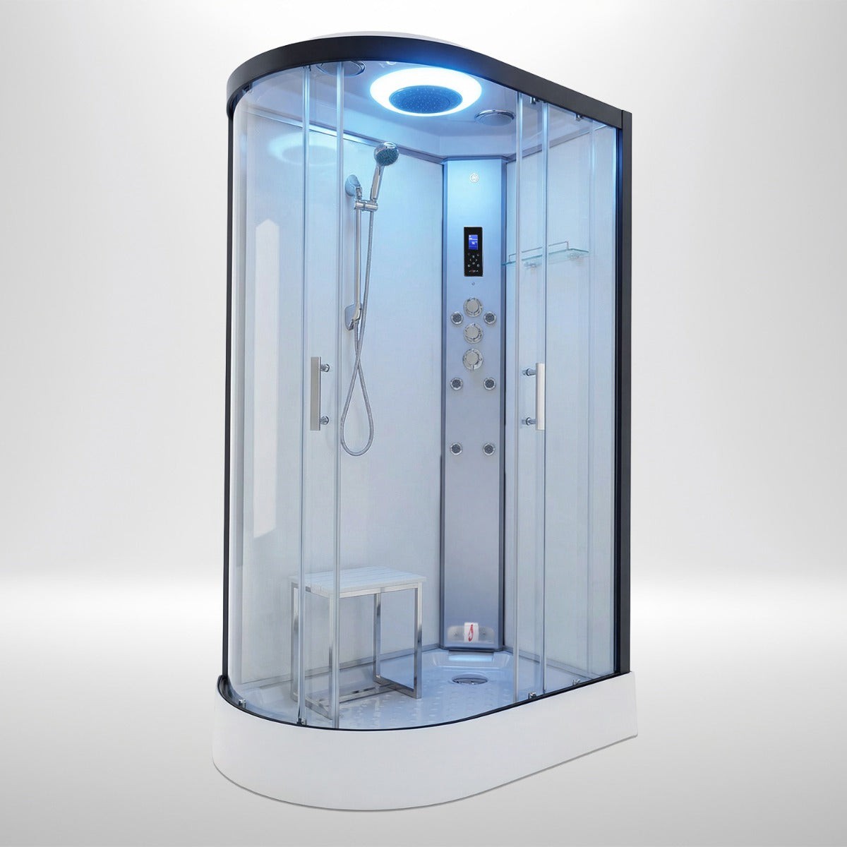 Premium steam shower 1100x700mm black frame with white matte back wall