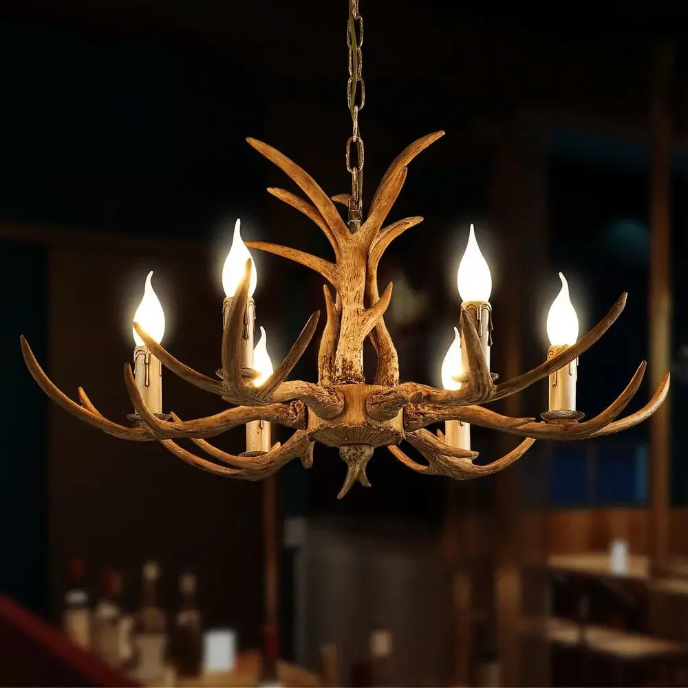 Rustic Antler Chandelier – 6 - Light Resin Deer Horn Pendant - Nuovo Luxury - 
