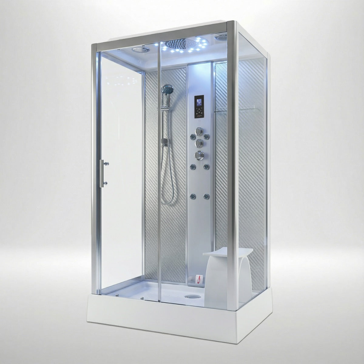 Platinum steam shower 1150x850mm chrome frame with silver carbon back wall