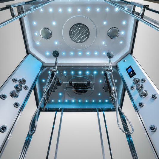 Platinum twin steam shower chrome frame interior shower wall