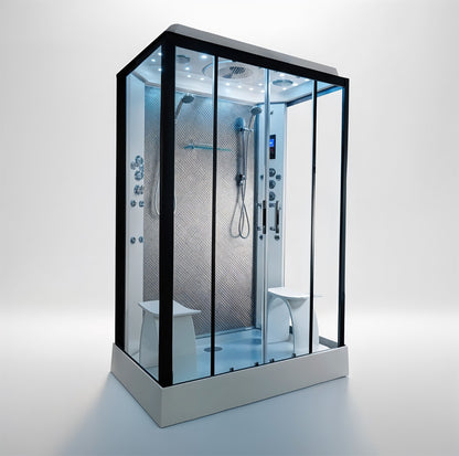 Platinum twin steam shower 1400x900mm black frame with silver carbon back wall