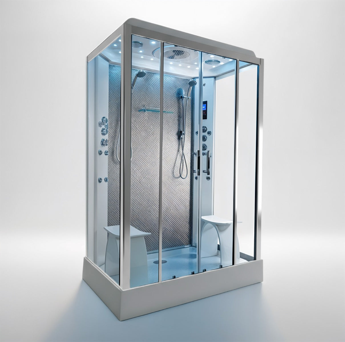 Platinum twin steam shower 1400x900mm chrome frame with silver carbon back wall