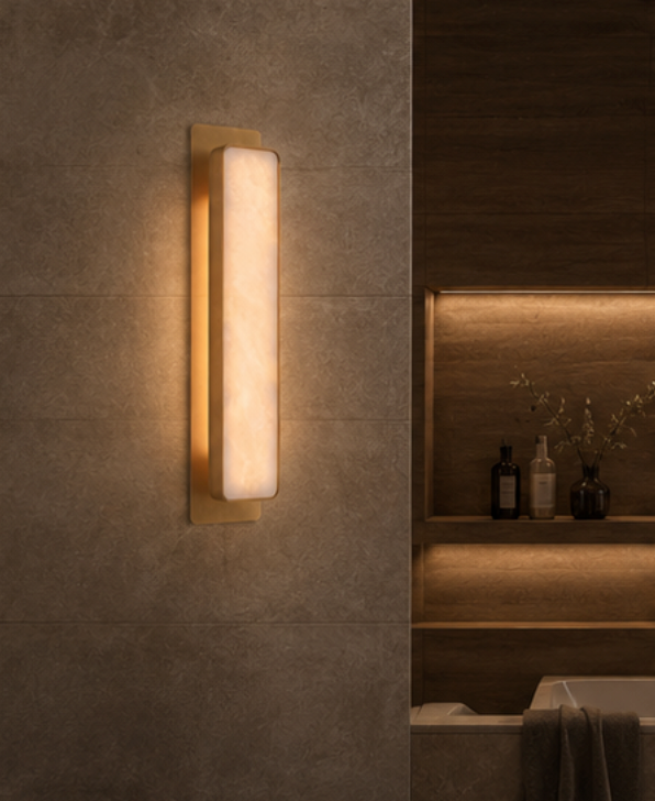Torino copper and marble wall sconce shown mounted on a wall in a modern interior