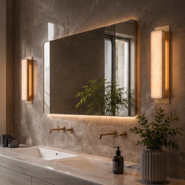 Warm LED wall sconces mounted either side of a large rectangular mirror above a double sink vanity with potted plants