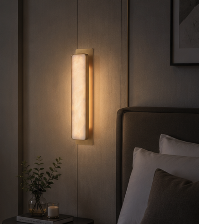 Torino marble wall sconce lit on an interior wall, showing the warm glow through the stone