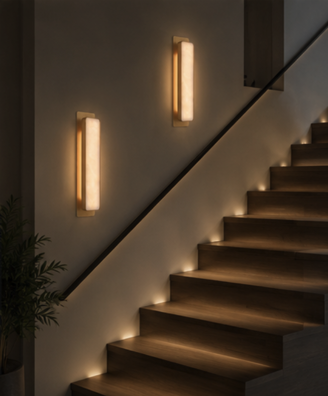 Torino wall sconce detail showing the copper frame fixing and cylindrical marble shade