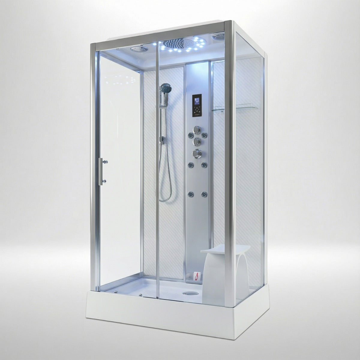 Platinum steam shower 1150x850mm chrome frame with white carbon back wall