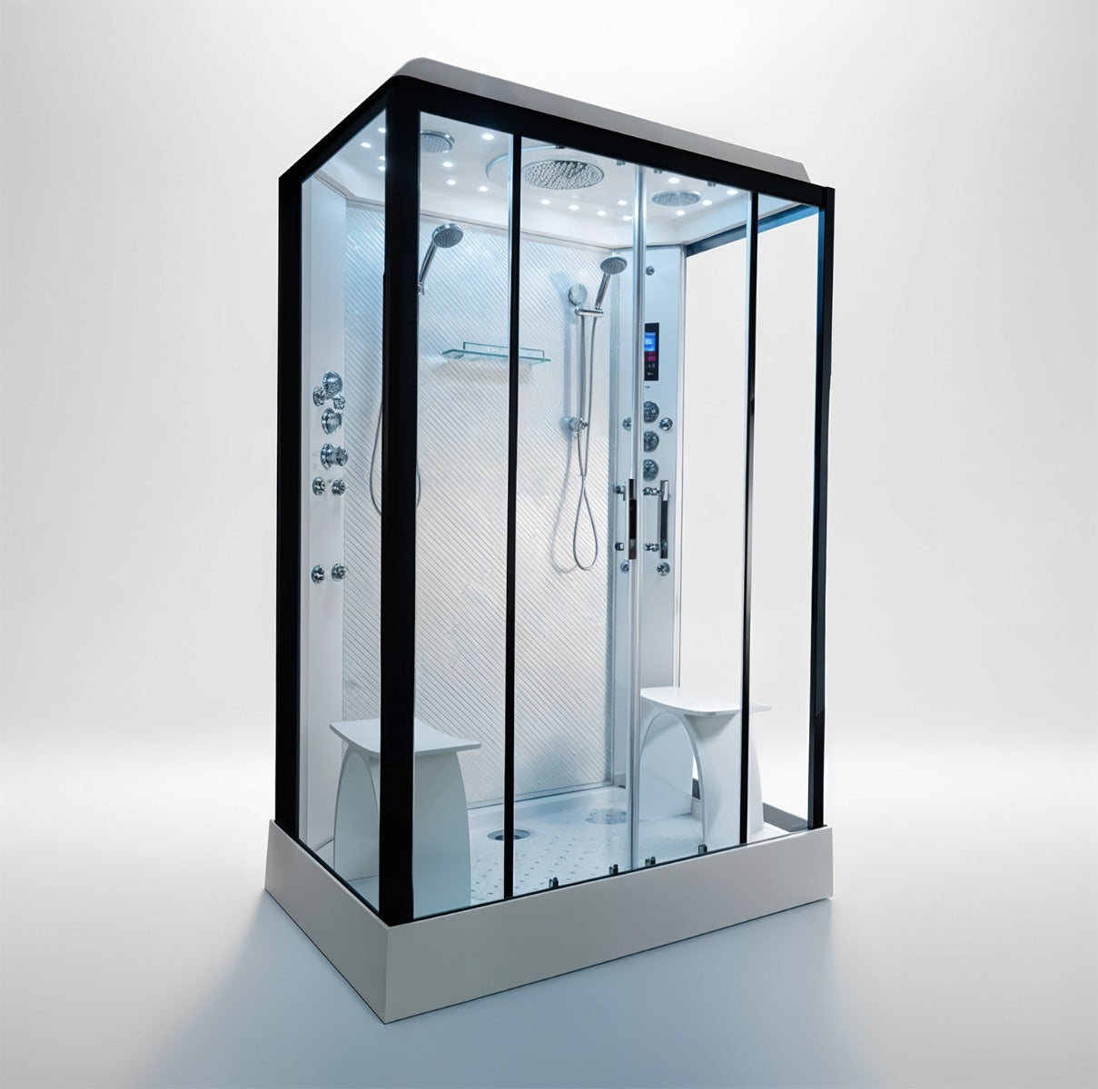 Platinum twin steam shower 1400x900mm black frame with white carbon back wall