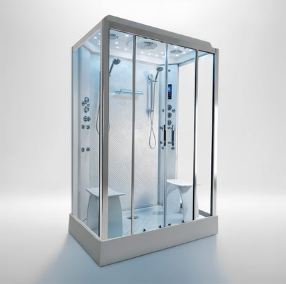 Platinum twin steam shower 1400x900mm chrome frame with white carbon back wall