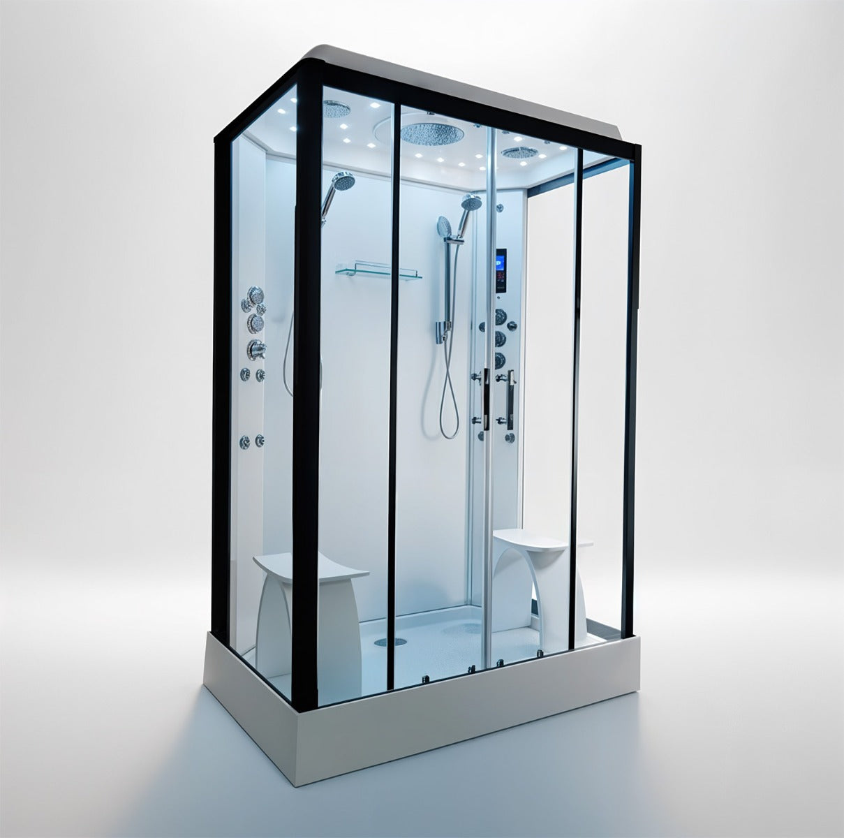 Platinum twin steam shower 1400x900mm black frame with white matte back wall