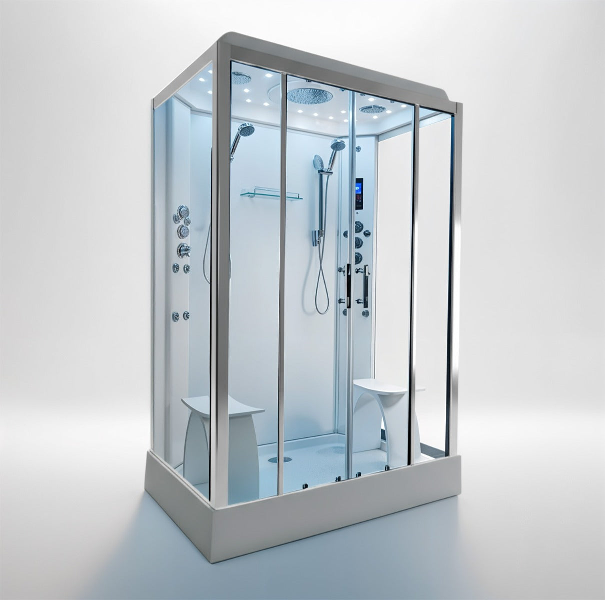 Platinum twin steam shower 1400x900mm chrome frame with white matte back wall