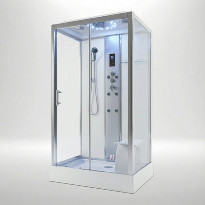 Platinum steam shower 1150x850mm chrome frame with white matte back wall