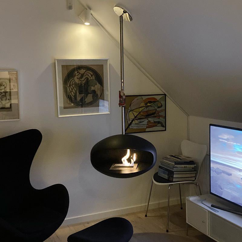 Cocoon Aeris Smokeless Bioethanol Fire Black with Steel Mounting Pole - Nuovo Luxury - Ceiling - mounted Fireplace